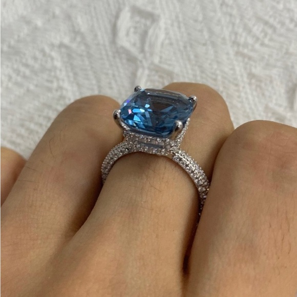 Italo Blue Topaz Ring Hidden Halo Cushion Cut Engagement Ring - Picture 8 of 11